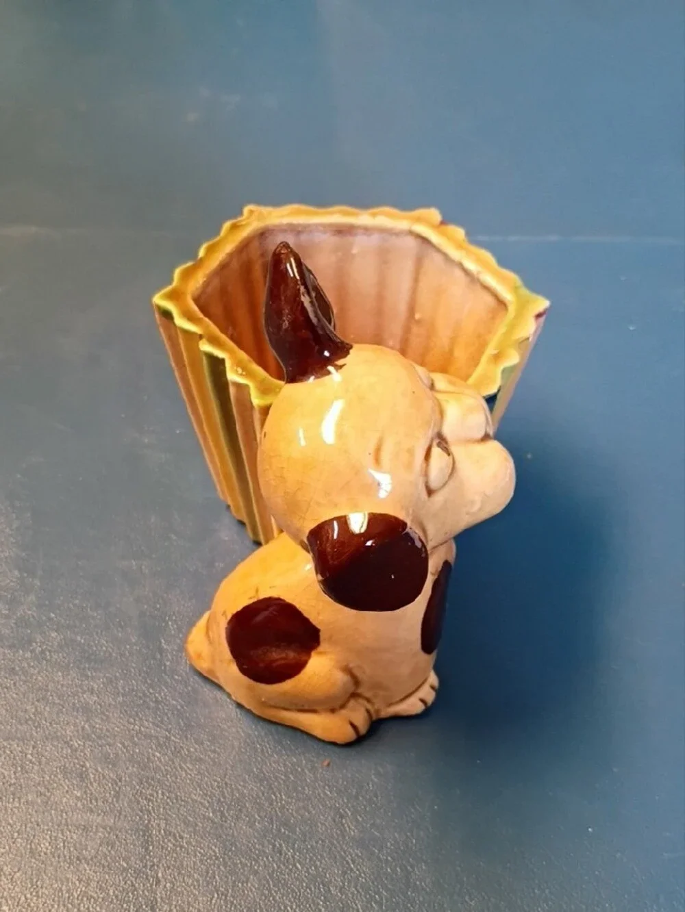 Yellow Ceramic Dog Treat Holder with Multicolor Striped Dish